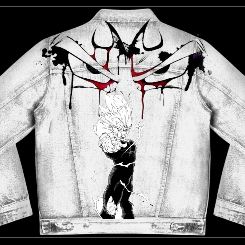White and Black Denim Jacket with Striking Artistic Design of Majin Vegeta